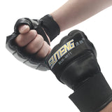 1 Pair PU Leather Half Mitts Mitten MMA Muay Thai Training Punching Sparring Boxing Gloves Golden/White/Red